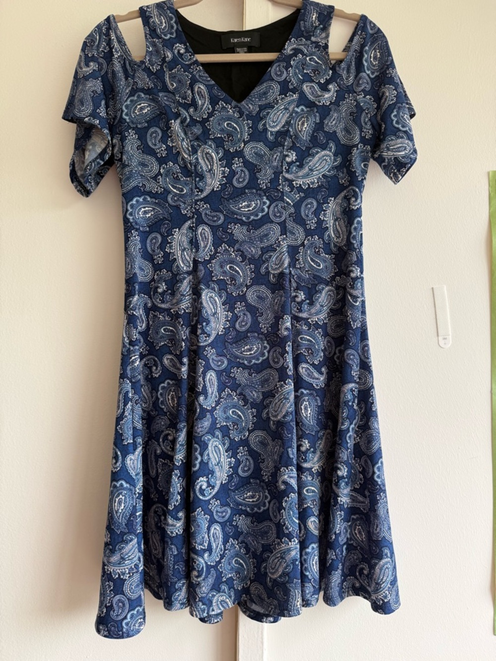 Karen Kane Navy Blue Paisley Cold-Shoulder Midi Dress